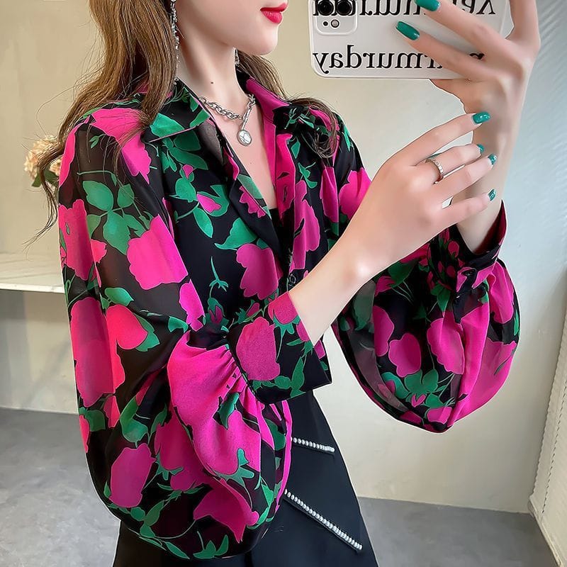 Chiffon Floral Blouse with Lantern Sleeves