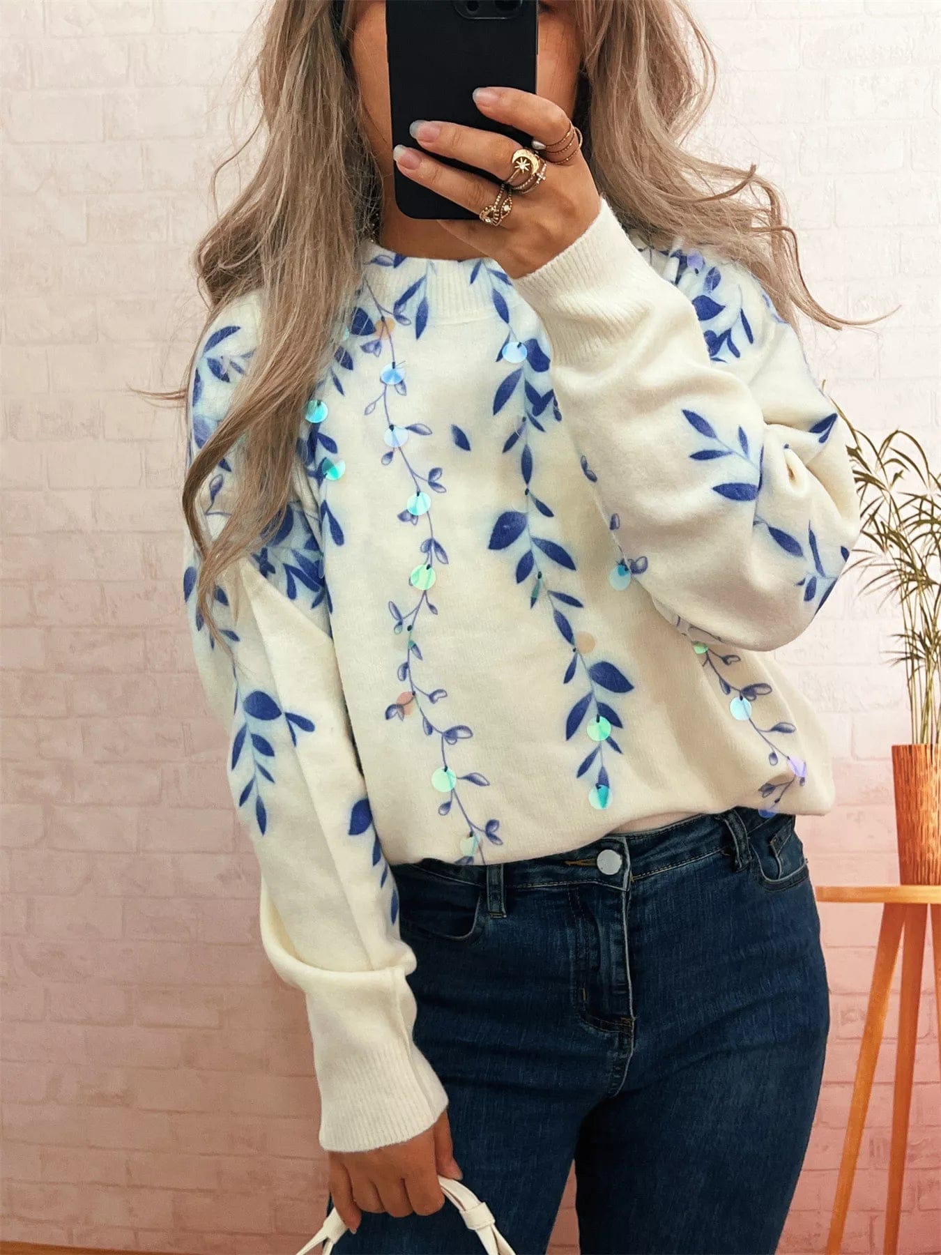 Sequin Long Sleeve Sweater with Crew Neck Design - Image 3