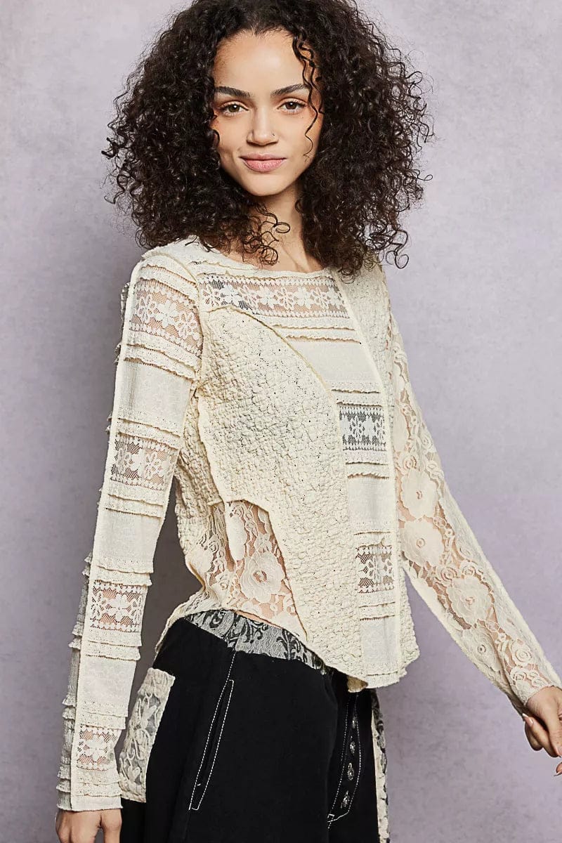 Women's Lace Long Sleeve Top - Elegant Slim-Fit Round Neck Blouse - Image 3