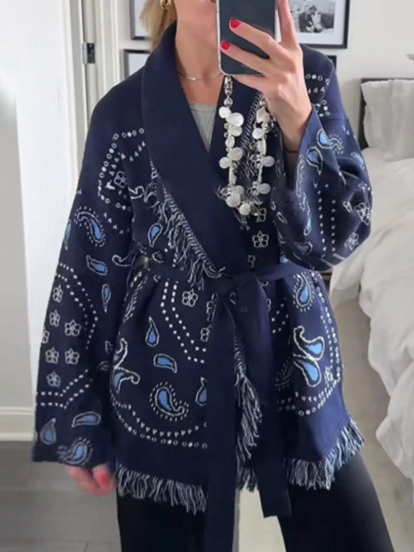 Printed Fringe Cardigan for Chic Layering with Long Sleeves - Image 3