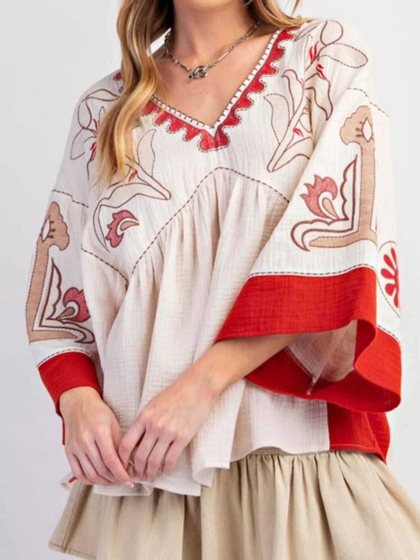 Printed V-Neck Top with Contrast Trim Details for Stylish Women