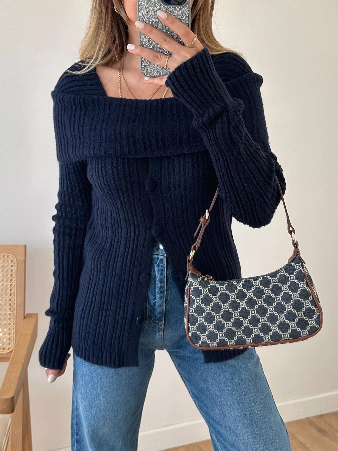 Textured Long Sleeve Knit Top with Slit Front - Image 2