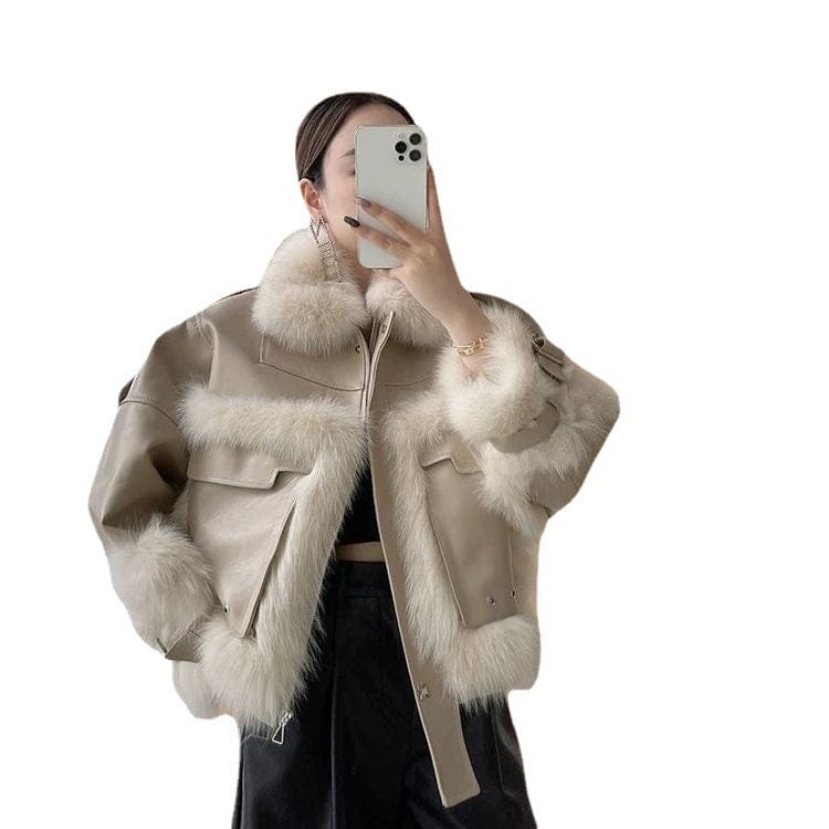 Fox Fur Leather Coat with Elegant Stitching - Image 5