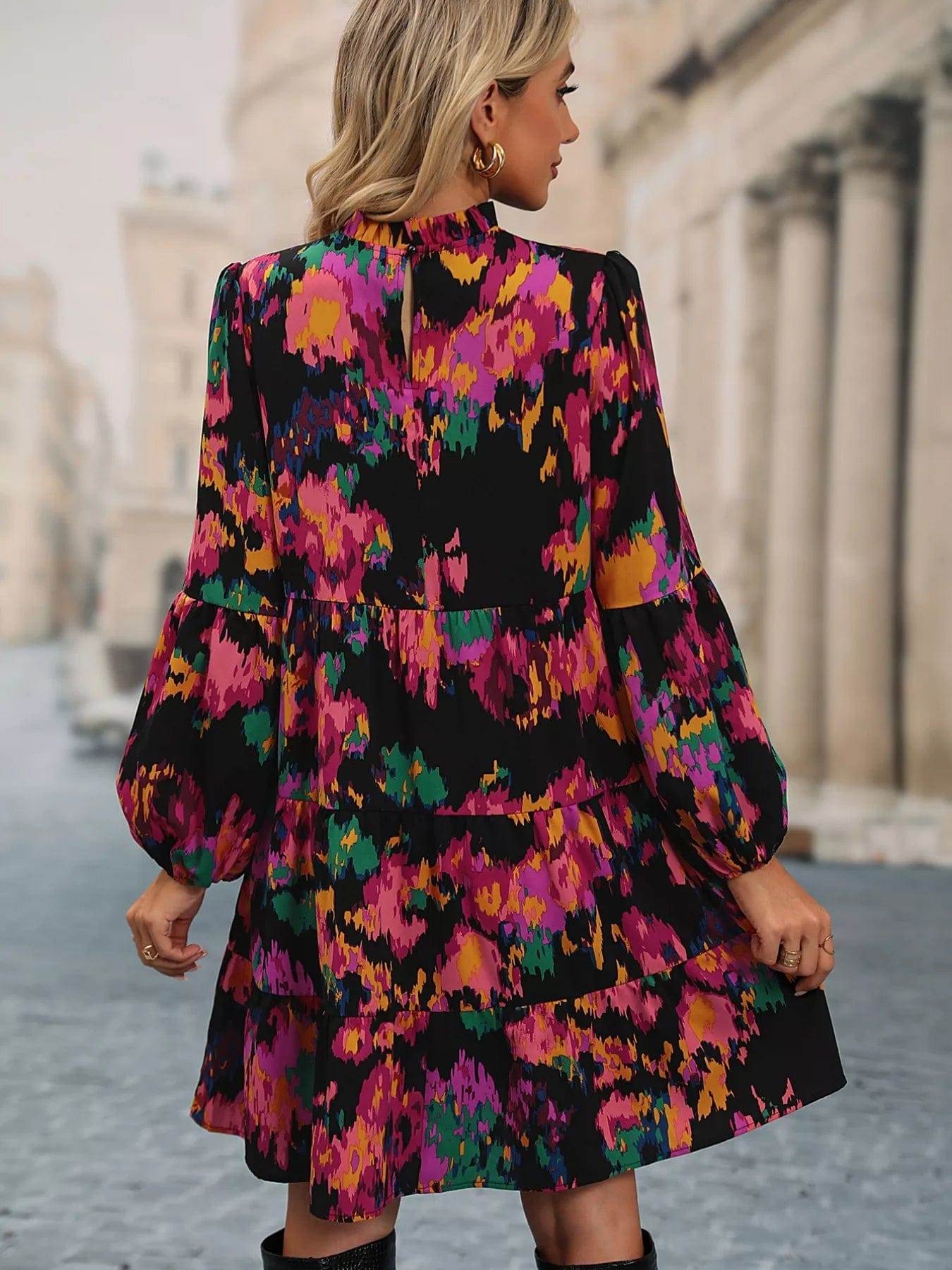 Printed Balloon Sleeve Mini Dress for Effortless Style and Comfort - Image 2