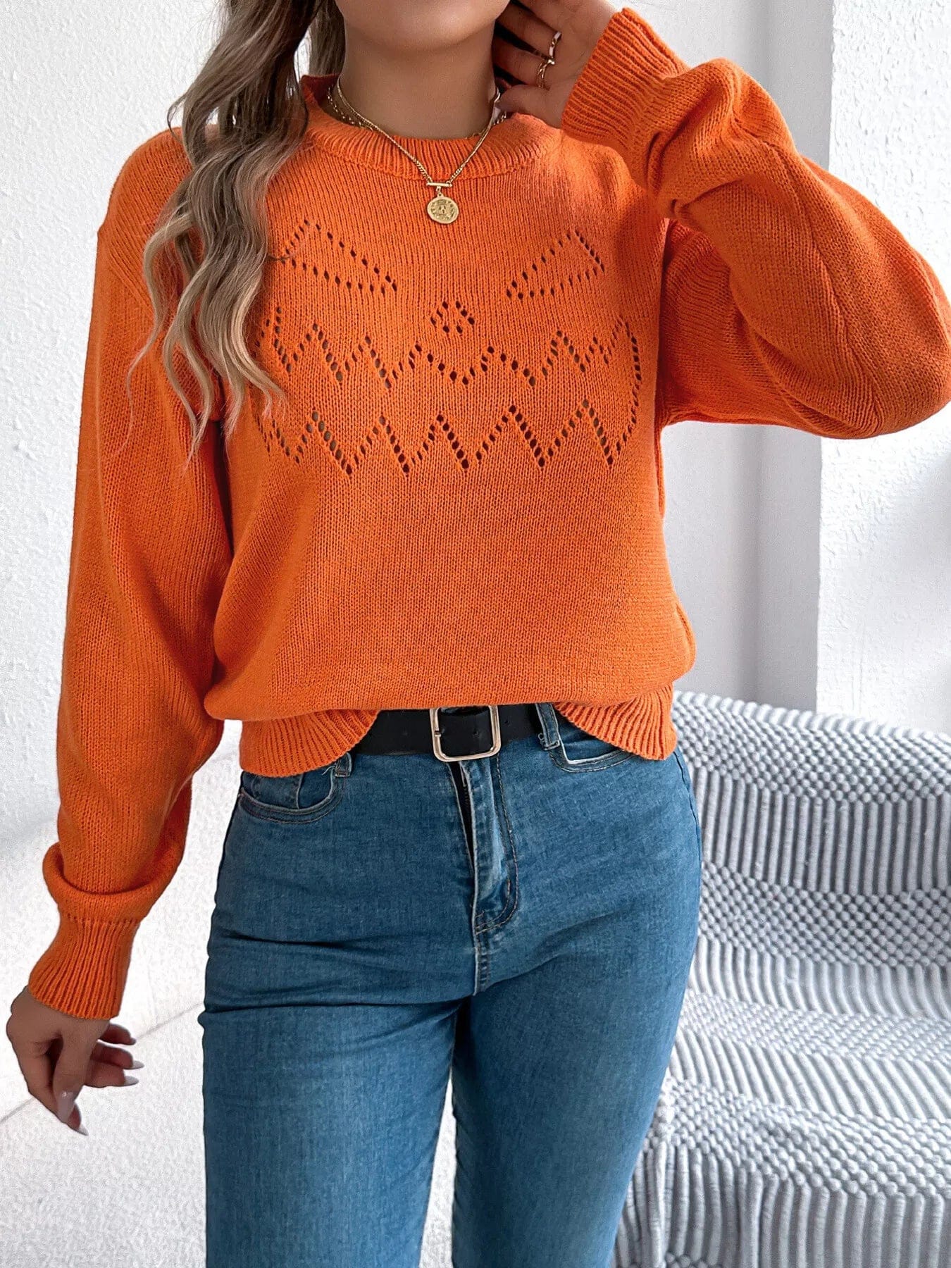 Openwork Long Sleeve Sweater with Round Neck Design - Image 4
