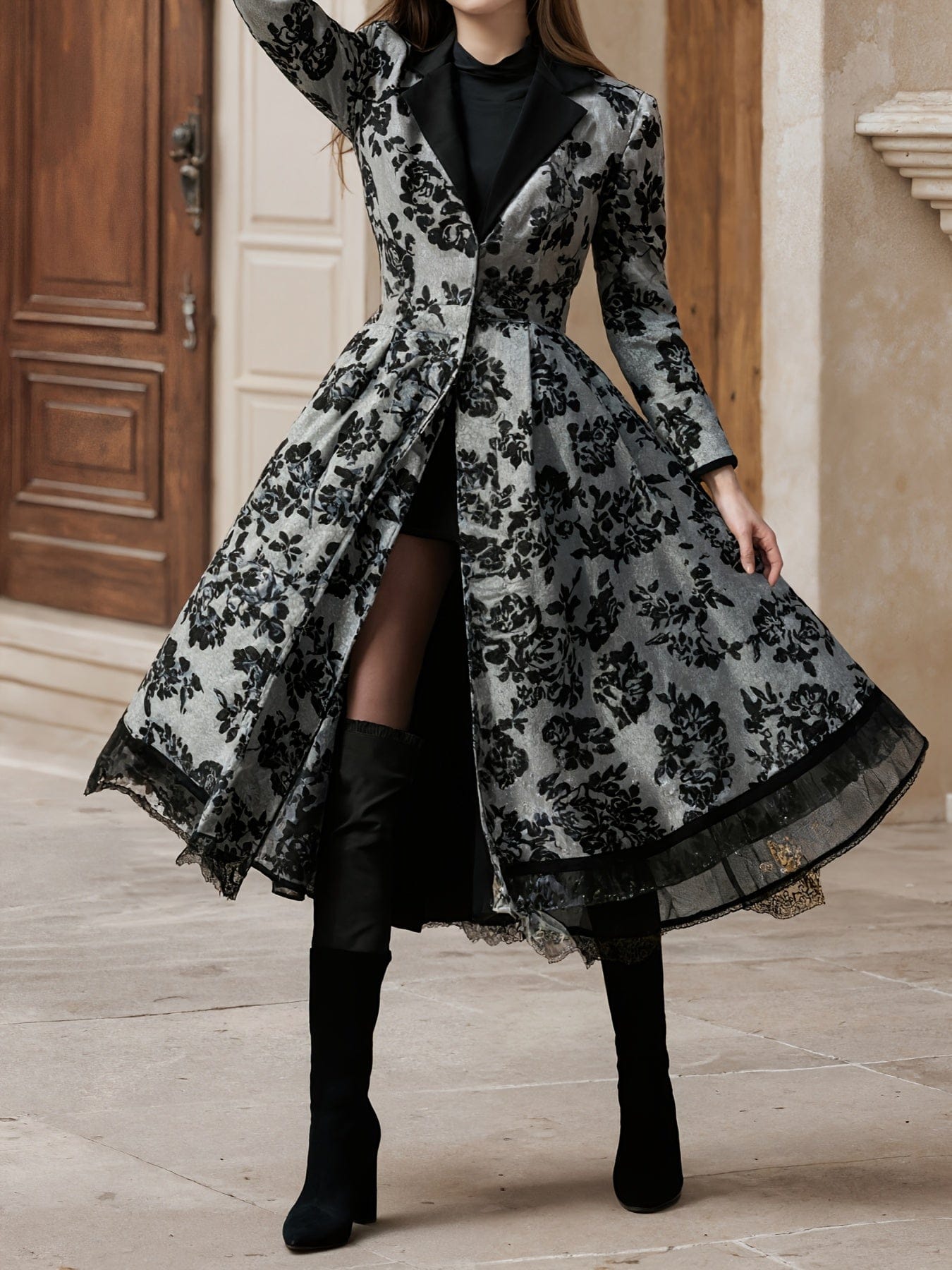 Black Floral Coat Dress - Luxurious Evening Wear for Timeless Elegance - Image 2