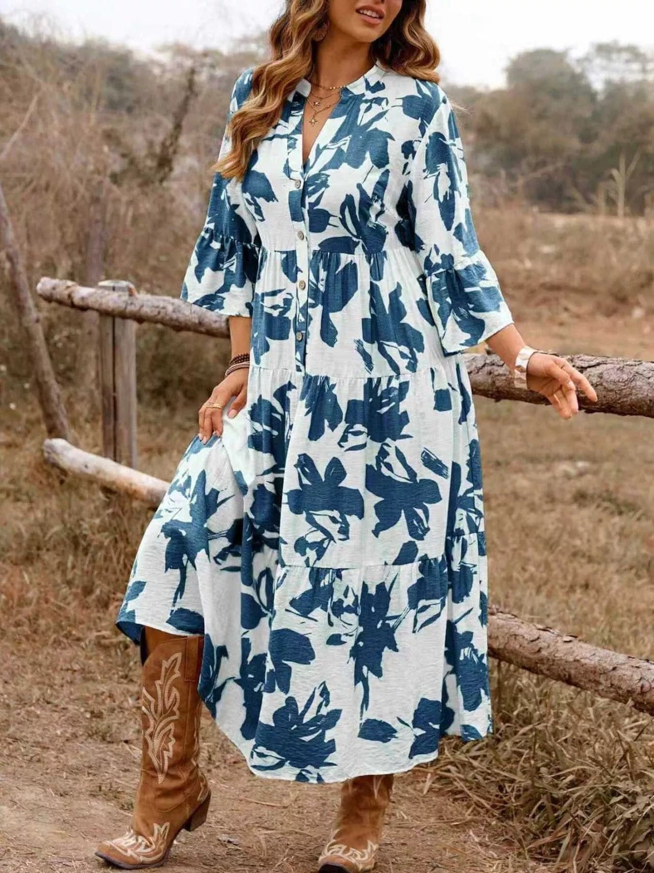 Floral Print Tiered Dress with Button Front Detail - Image 4