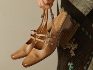Women’s Leather Mary Jane Slingback Shoes – Square Toe Hidden Wedge Pumps
