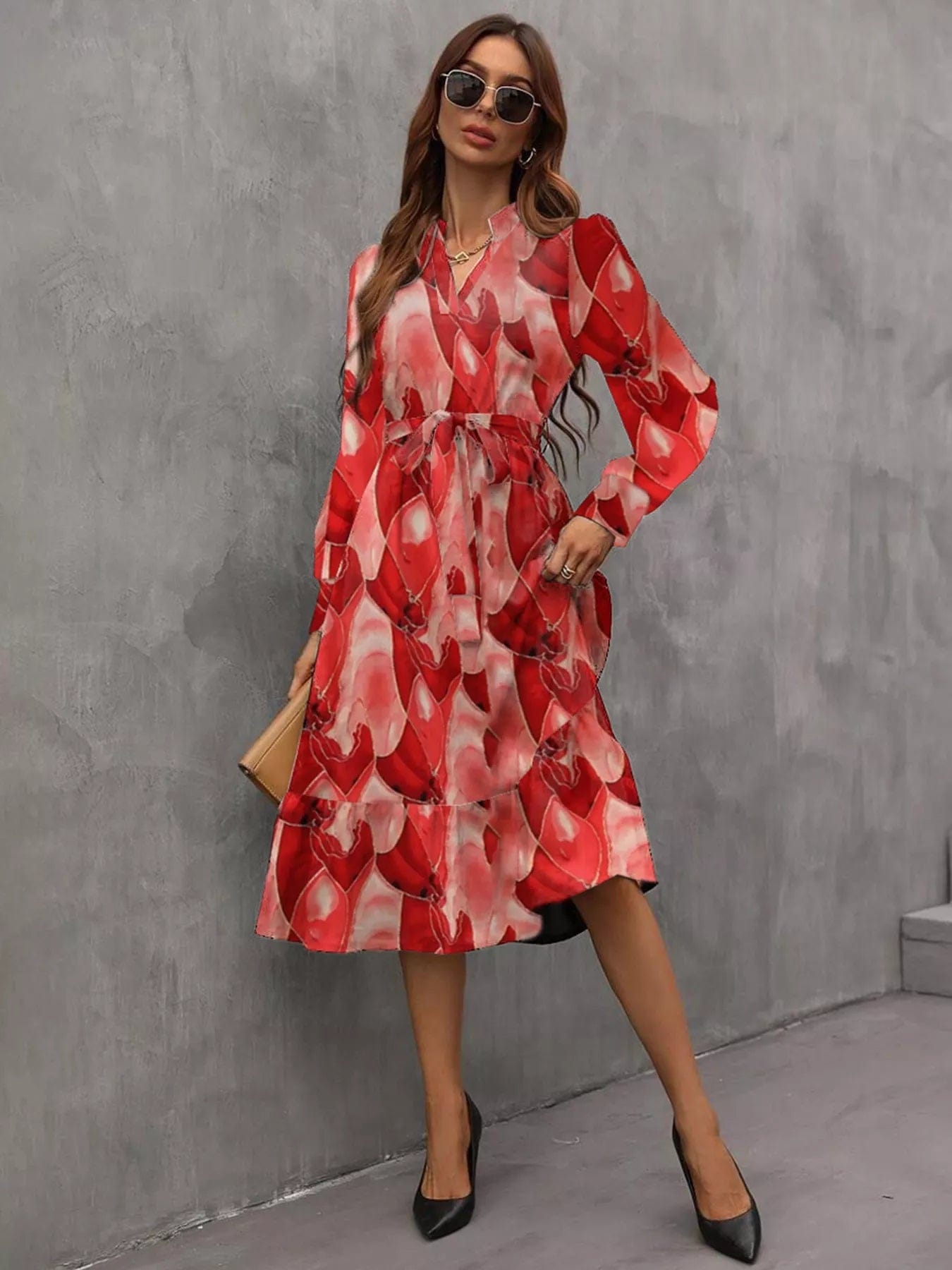 Notched Tie Waist Dress with Long Sleeves - Image 5