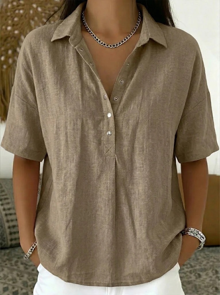 Women’s Elegant Short Sleeve Patchwork Shirt – Solid Color Polyester Blouse - Image 7