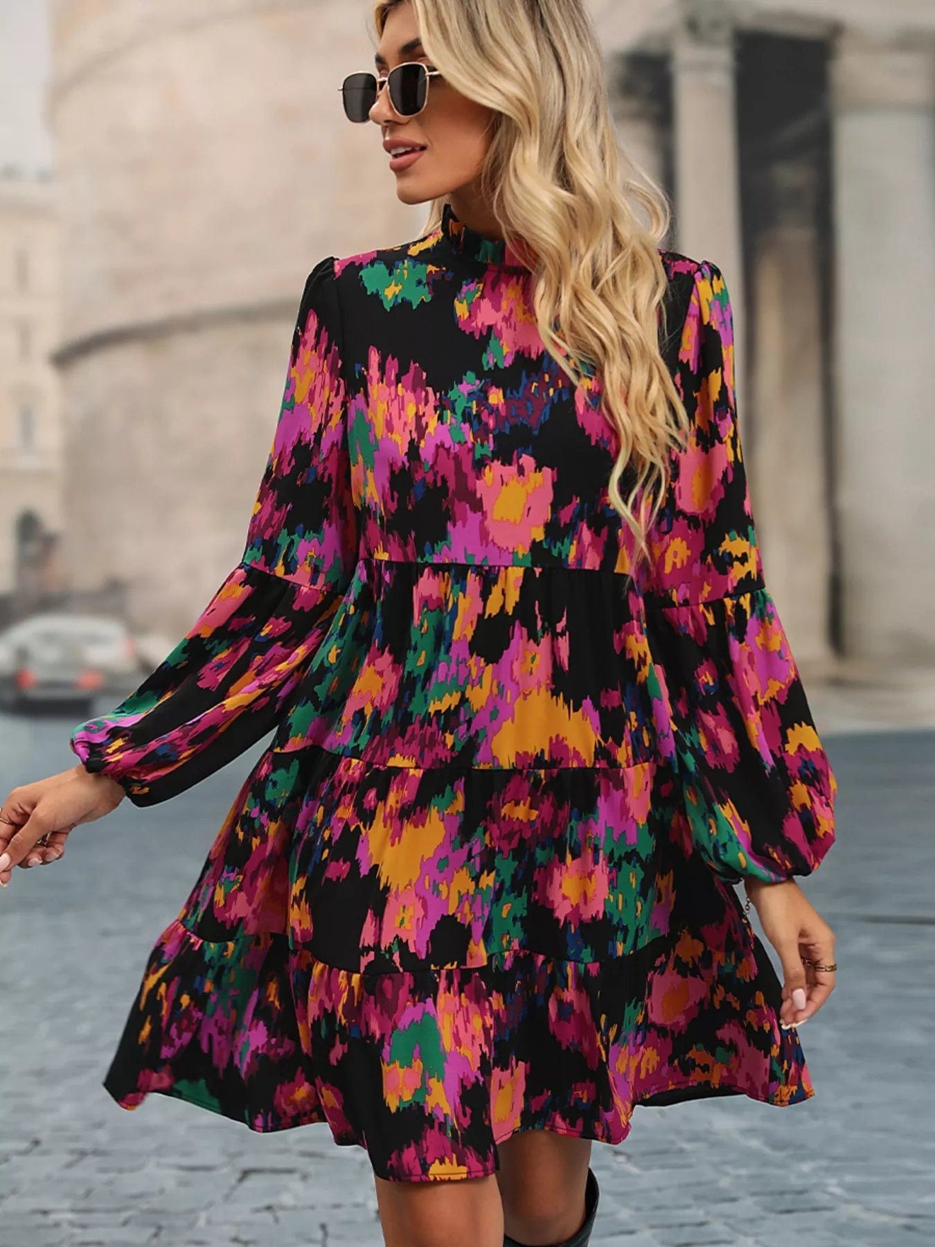 Printed Balloon Sleeve Mini Dress for Effortless Style and Comfort