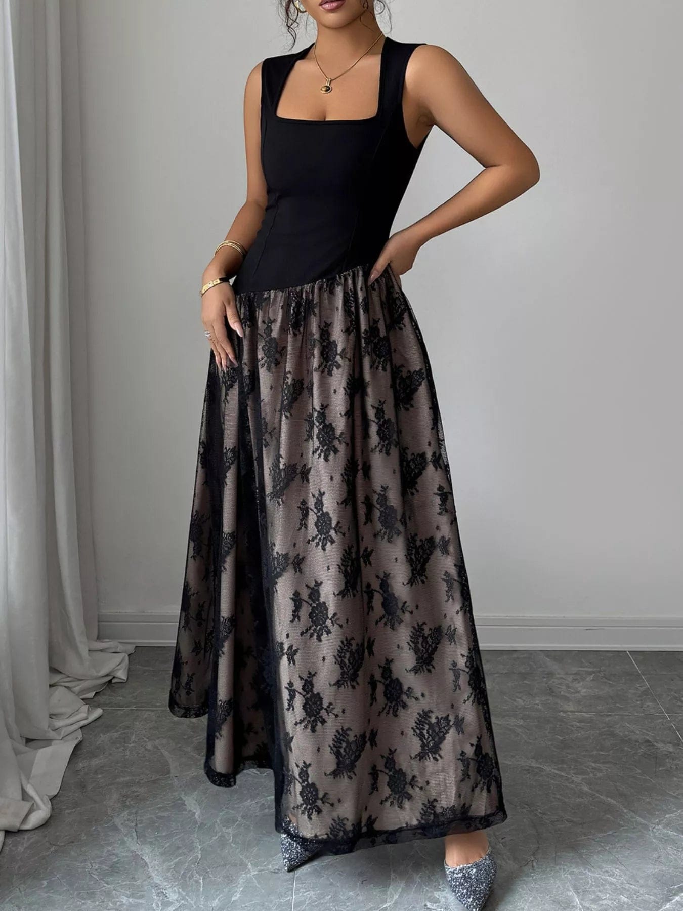 Square Neck Lace Maxi Dress - Elegant Sleeveless Design
