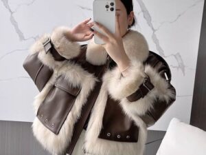 Fox Fur Leather Coat with Elegant Stitching