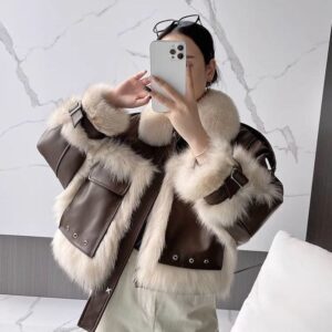 Fox Fur Leather Coat with Elegant Stitching