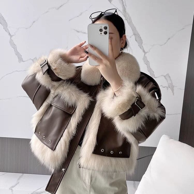 Fox Fur Leather Coat with Elegant Stitching