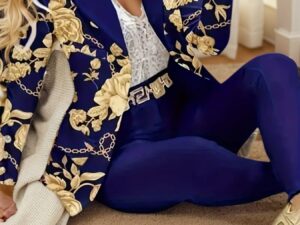 Printed Blazer Set for Women – Chain Print Jacket with Blue Leggings
