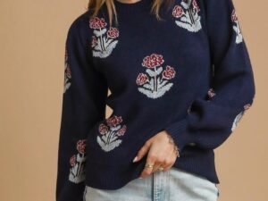 Floral Knit Sweater with Puff Sleeves - Stylish and Trendy Floral Sweater