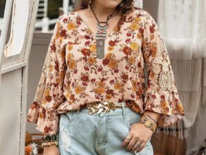 Plus Size Floral Lace Blouse with V-Neck Detail