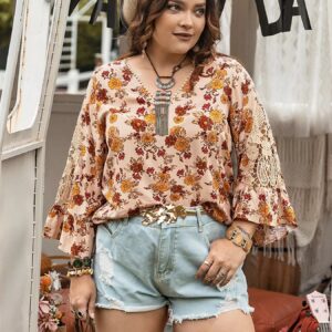 Plus Size Floral Lace Blouse with V-Neck Detail
