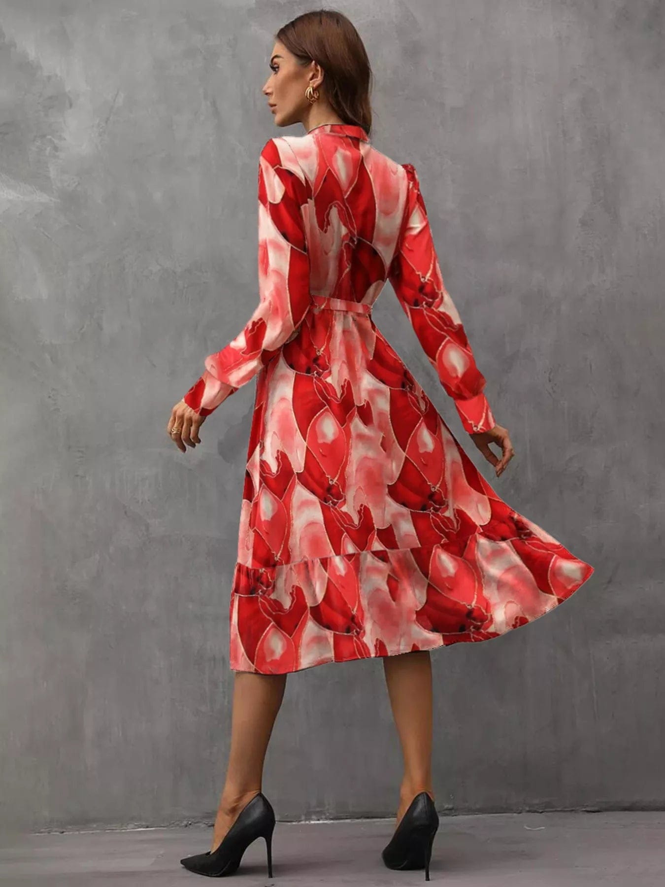 Notched Tie Waist Dress with Long Sleeves - Image 4