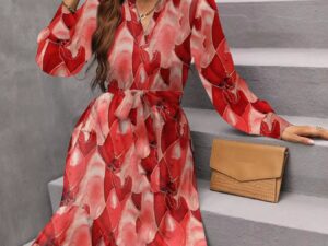 Notched Tie Waist Dress with Long Sleeves