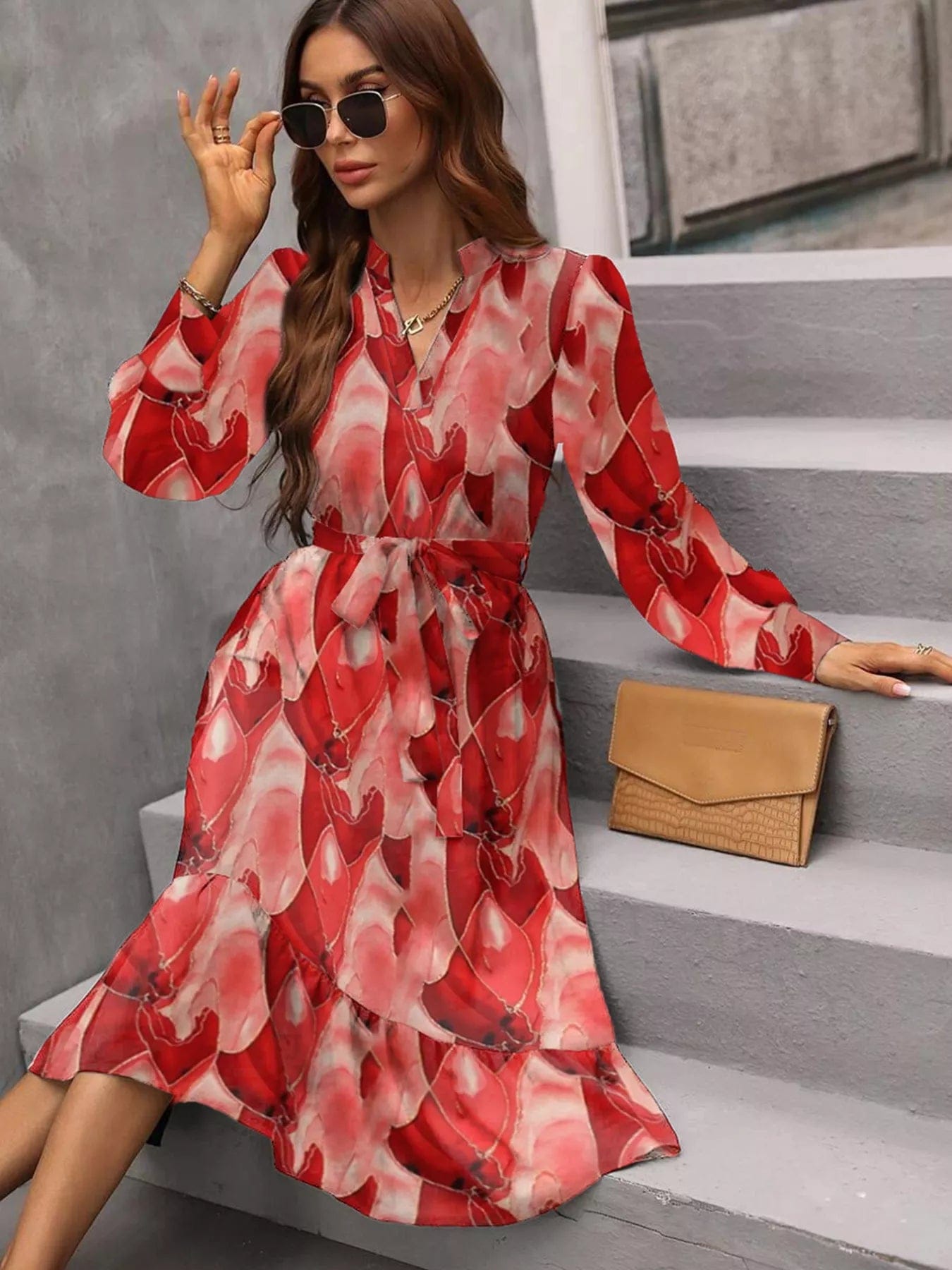 Notched Tie Waist Dress with Long Sleeves