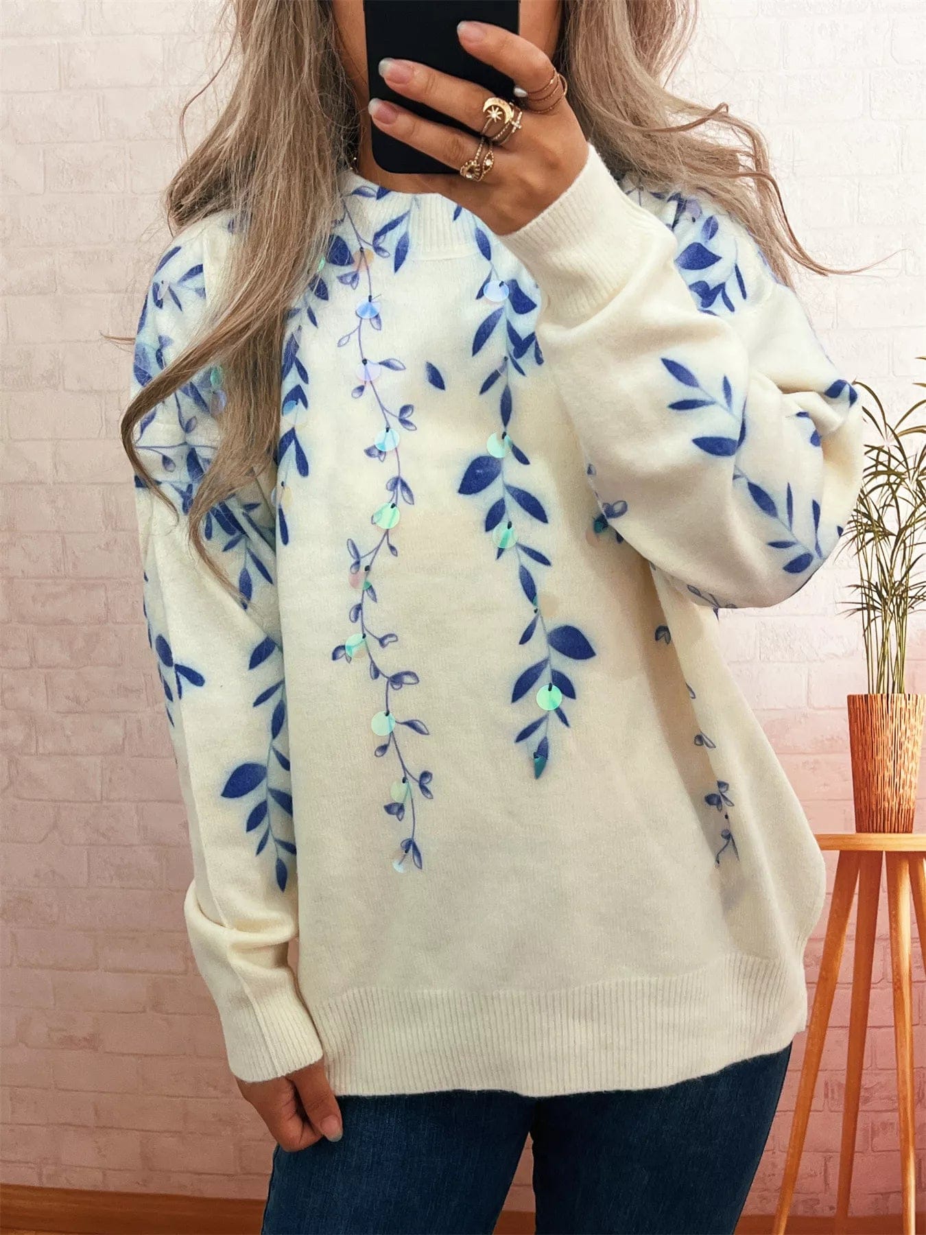 Sequin Long Sleeve Sweater with Crew Neck Design - Image 2