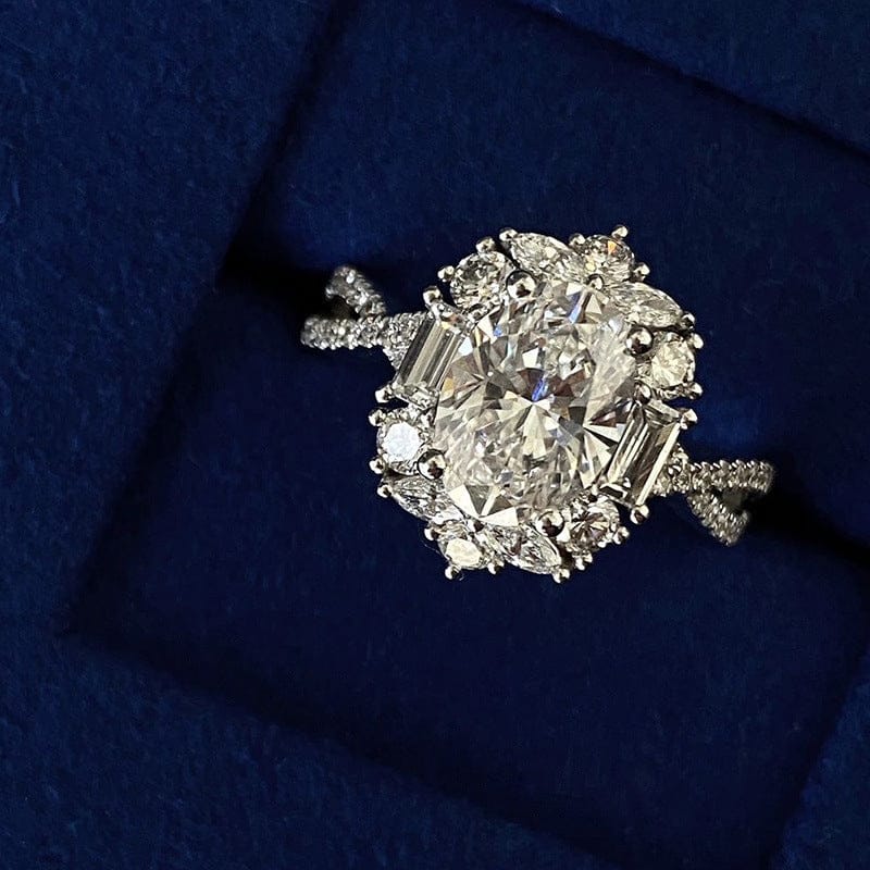Luxury Oval Simulated Moissanite Ring – White Gold Plated Cluster Zircon Ring - Image 4
