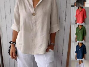 Women’s Cotton Linen Button Pullover Top – Casual Commuter Blouse