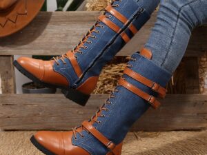 Heel Boots with Rivet Belt Buckle for Stylish Comfort