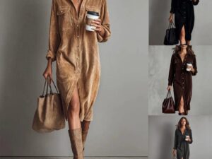 Women’s Mid-Length Brown Dress | Elegant Long Sleeve Commuter Style