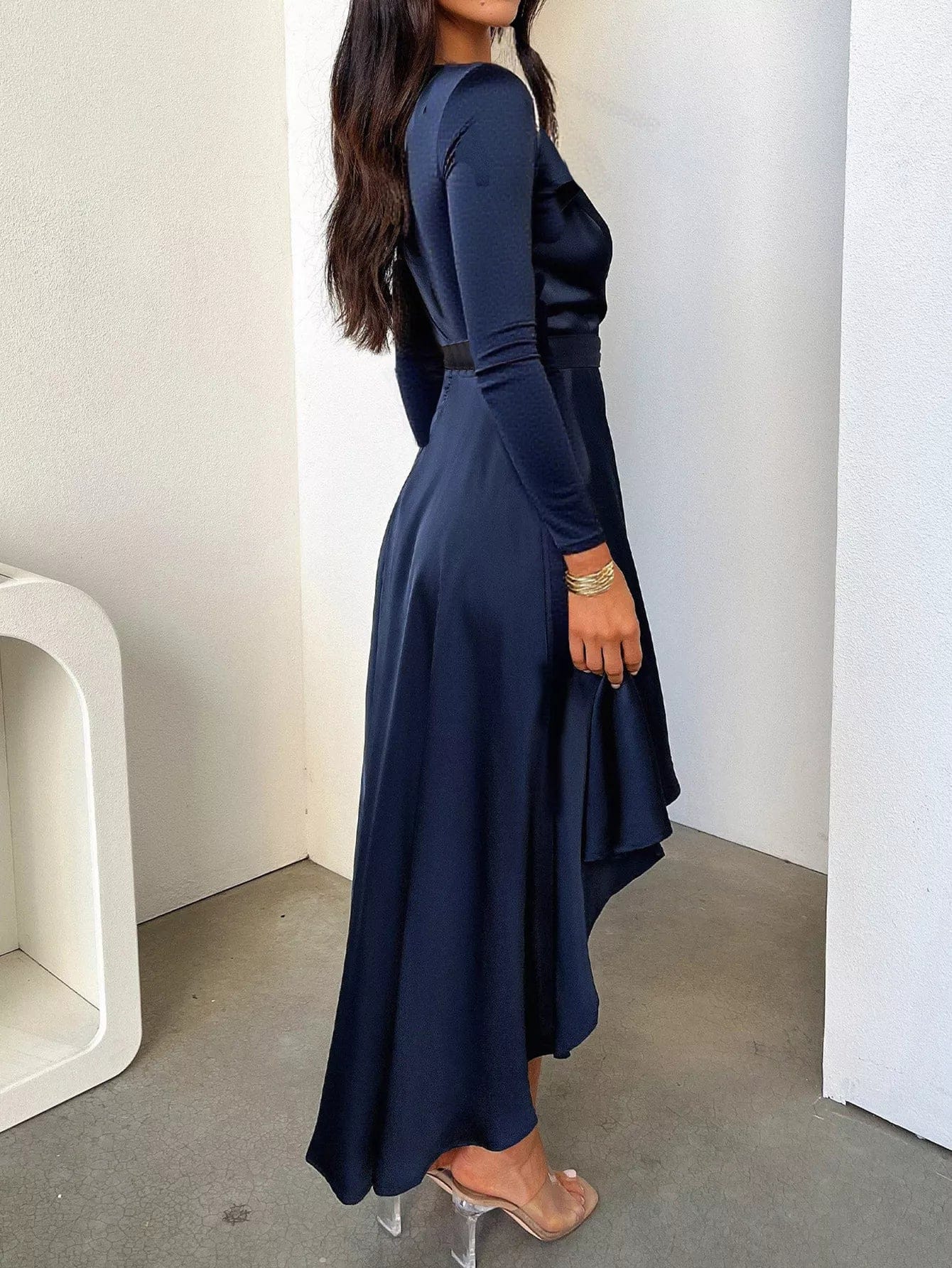 Satin High-Low Dress with Tie Waist for Effortless Elegance - Image 3