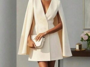 Elegant Cape Blazer Dress for Women | Double-Breasted V-Neck Formal Office Dress