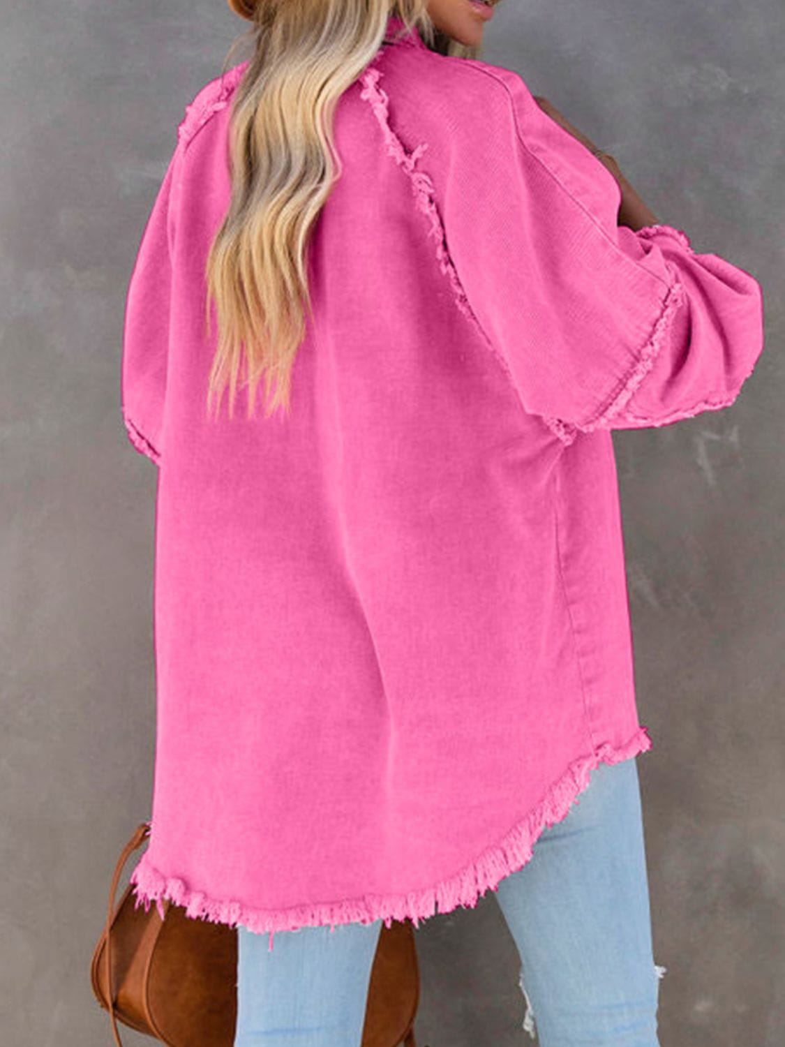 Button Down Denim Jacket with Raw Hem Details - Image 2