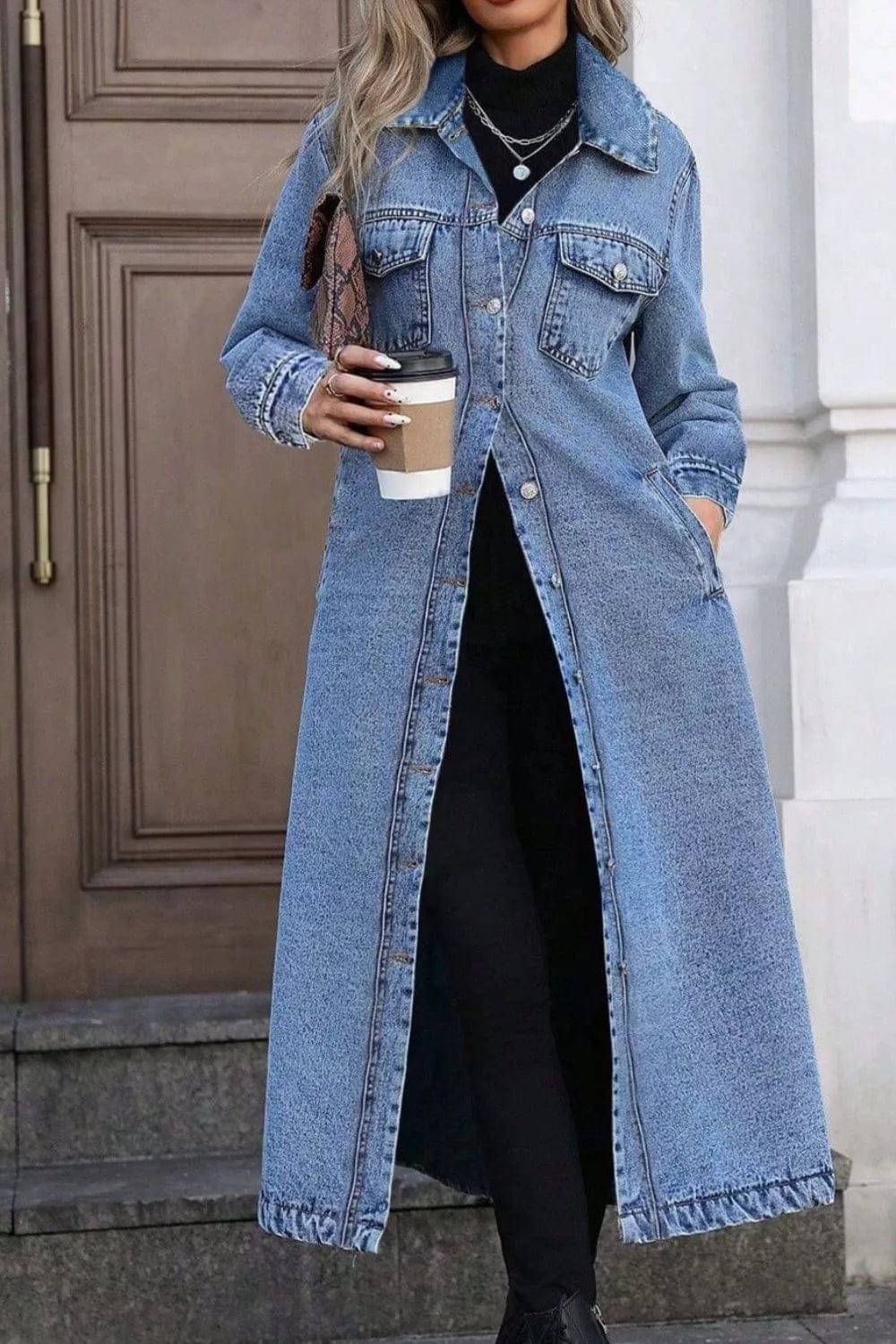 Longline Denim Jacket with Button-Front Design for Stylish Layering