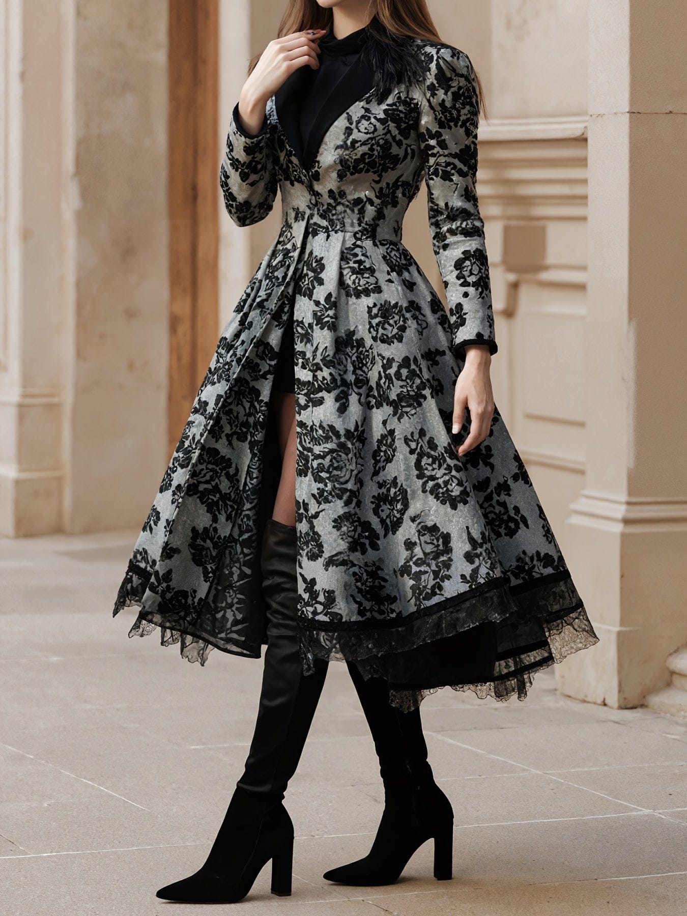 Black Floral Coat Dress - Luxurious Evening Wear for Timeless Elegance - Image 3