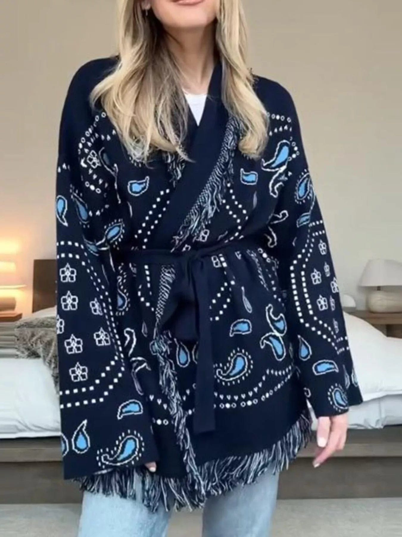 Printed Fringe Cardigan for Chic Layering with Long Sleeves