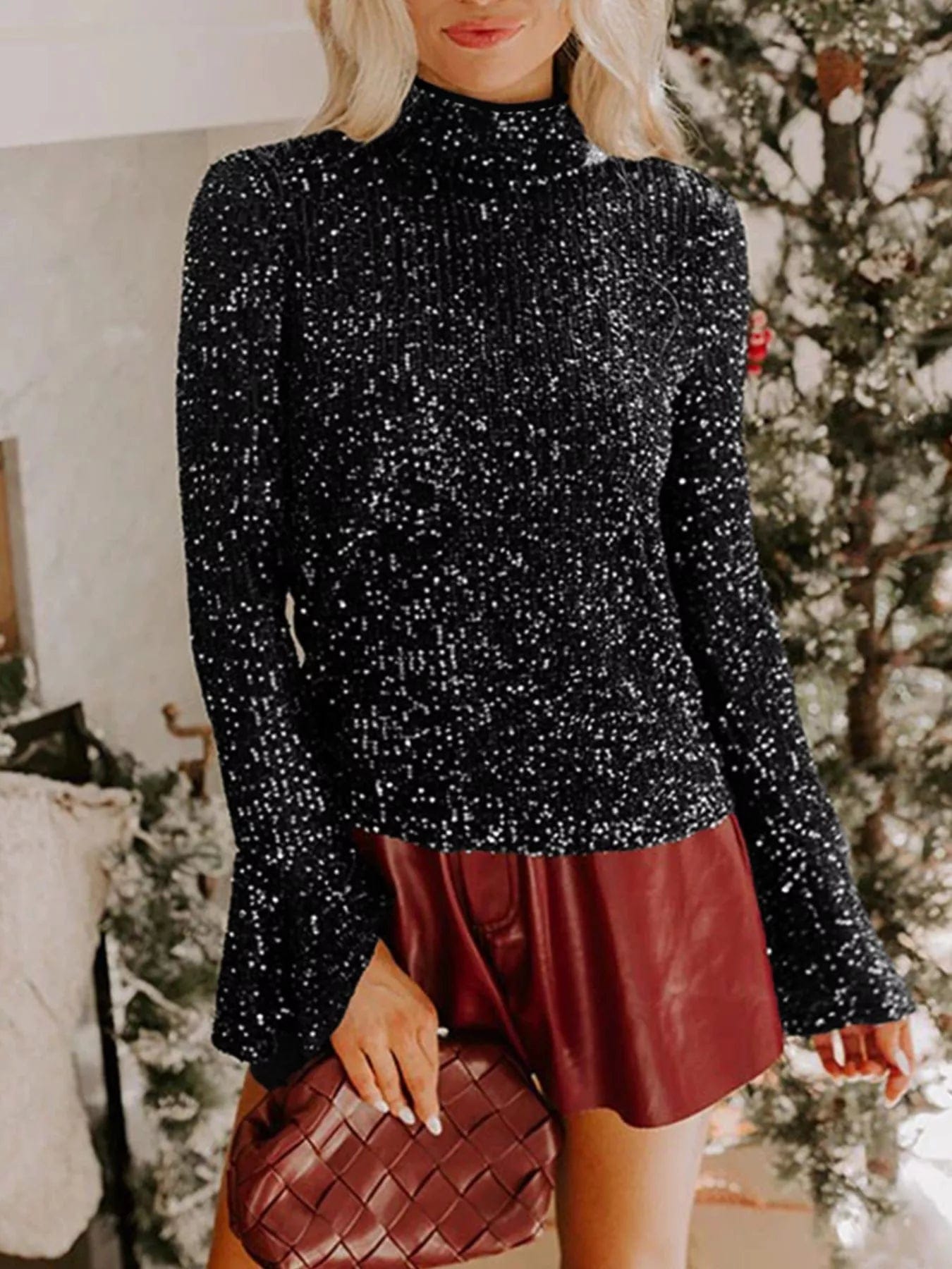 Sequin Open Back Bell Sleeve Top