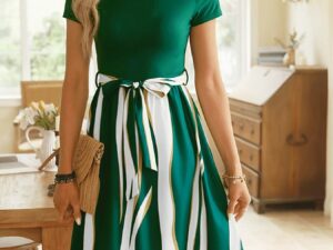 Striped Tie Waist Dress with Short Sleeves