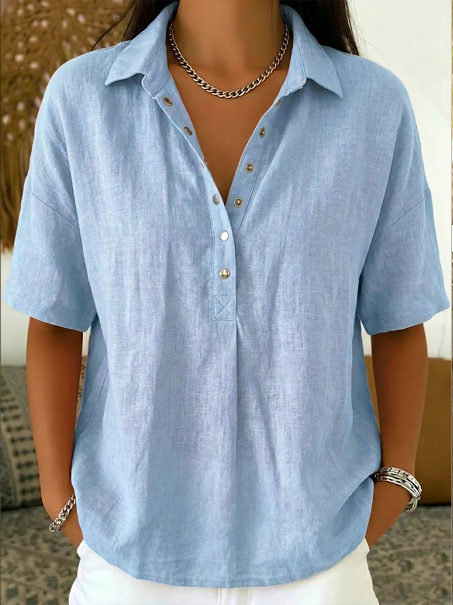 Women’s Elegant Short Sleeve Patchwork Shirt – Solid Color Polyester Blouse - Image 8