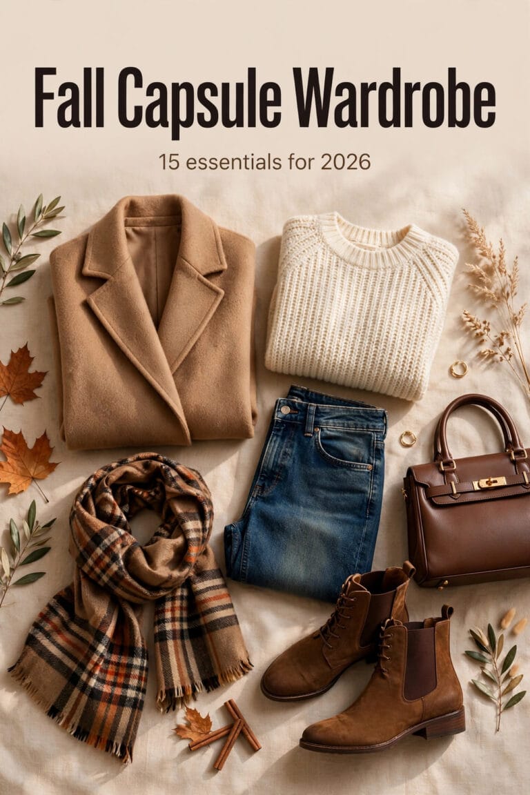 Fall capsule wardrobe flat lay with camel coat, knit sweater, plaid scarf and ankle boots