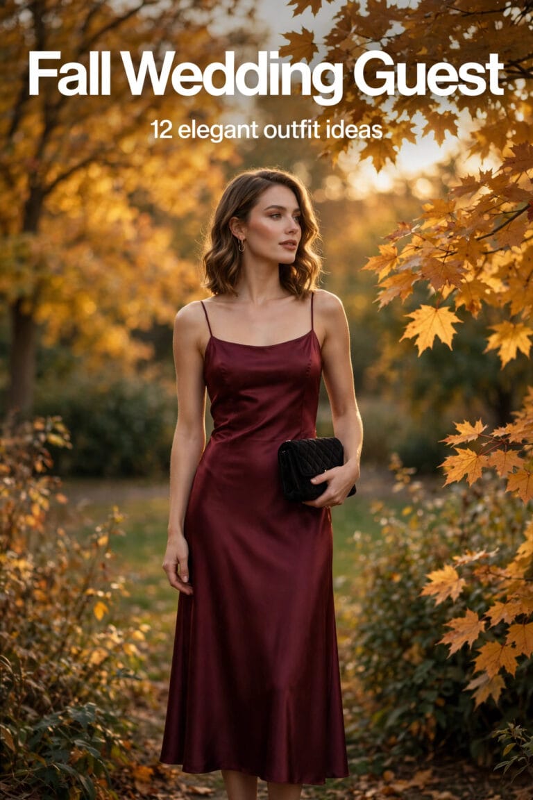 Woman in burgundy satin dress at fall wedding with autumn leaves